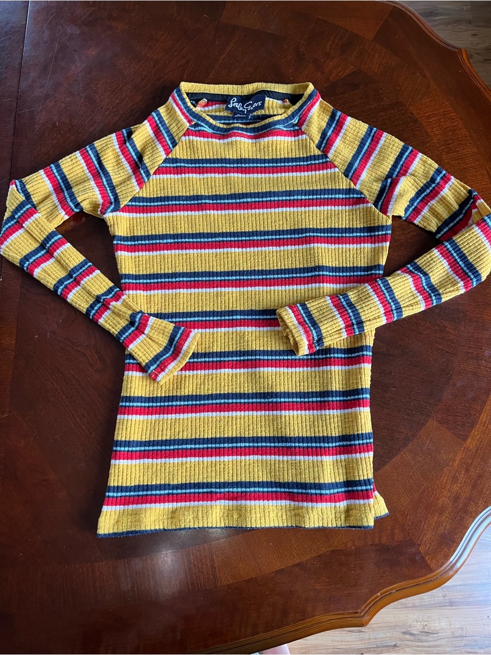 Lesley Evers Fitted Striped Mustard Yellow Retro Ribbed Long Sleeve Tee Sz XS